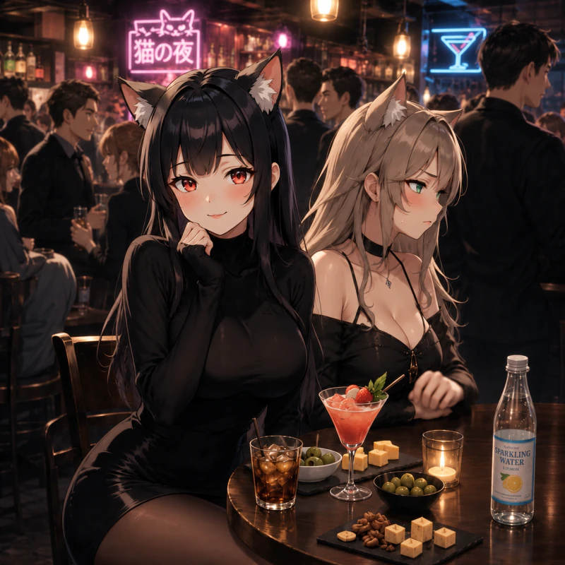 Yui và Mia ngồi cùng nhau trong quán pub ánh neon mờ